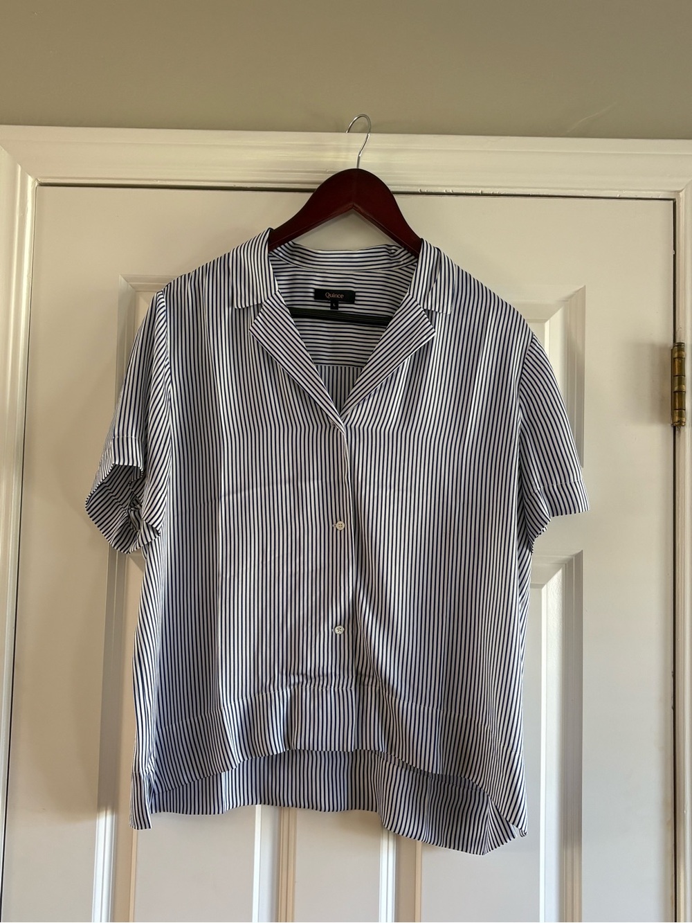 Quince Silk Navy & White Vertical Stripe Short-Sleeve Button Down